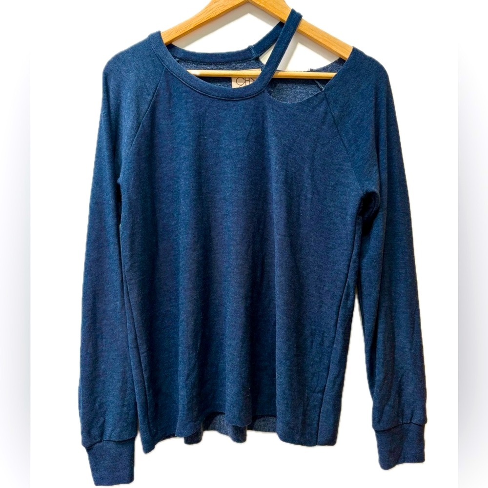 Chaser Midnight Blue Deconstructed  Off-Shoulder Long-Sleeve Lightweight Sweater